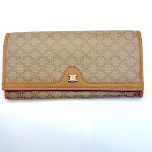 CELINE Long Wallet Macadam Pattern Tan Brown Leather